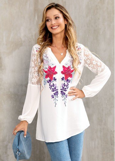 Lace Stitching Floral Print Long Sleeve T Shirt