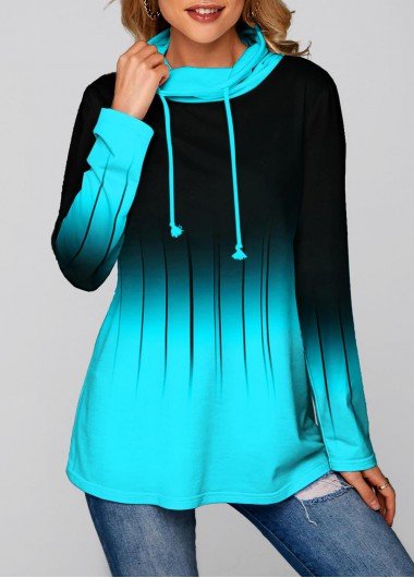 Cyan Ombre Long Sleeve Cowl Neck Sweatshirt