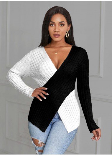 Cross Front Asymmetric Hem Color Block Sweater