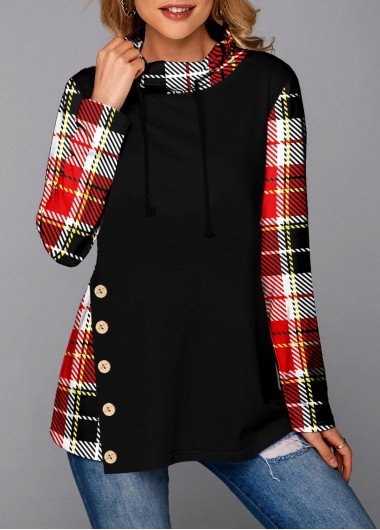 Black Decorative Button Plaid Long Sleeve Sweatshirt