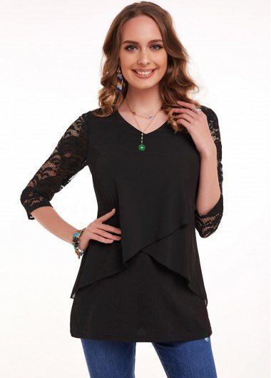 Lace Stitching V Neck 3/4 Sleeve T Shirt