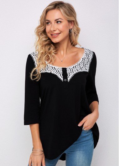 Lace Stitching 3/4 Sleeve Decorative Button T Shirt