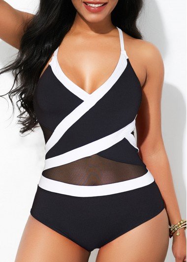 Color Block Mesh Spaghetti Strap One Piece Swimwear