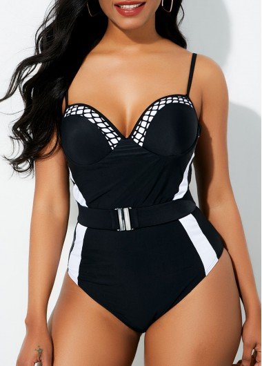 Contrast Spaghetti Strap Belted One Piece Swimwear