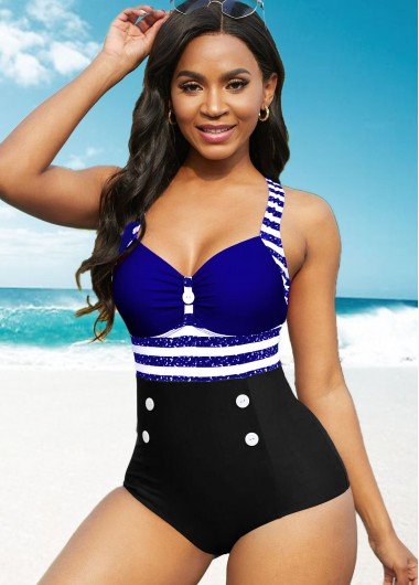 Striped Contrast Decorative Button One Piece Swimwear