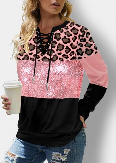 Leopard Sequin Panel Lace Up Sweatshirt