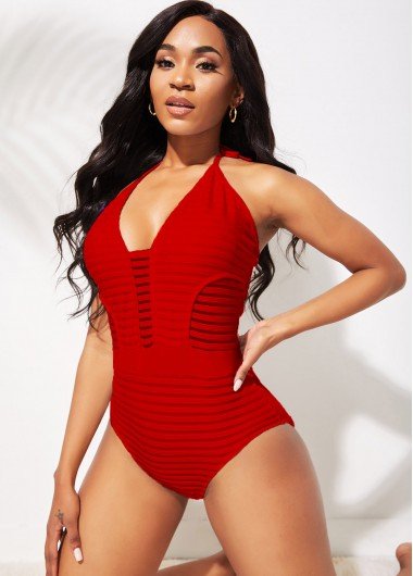 Halter Ladder Cutout Red One Piece Swimwear