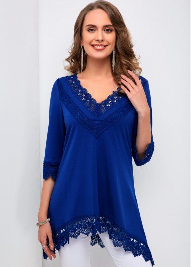 Lace Stitching Asymmetric Hem V Neck T Shirt