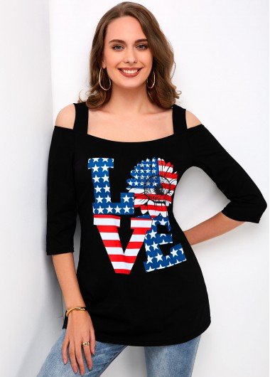 American Flag Print Cold Shoulder T Shirt