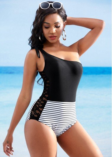 Lace Stitching Striped Tie Shoulder One Piece Swimwear