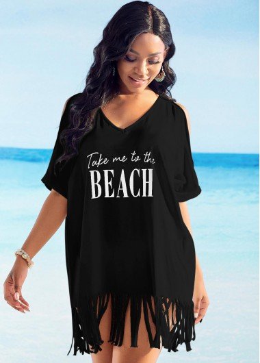 Cold Shoulder Letter Print Tassel Hem Cover Up