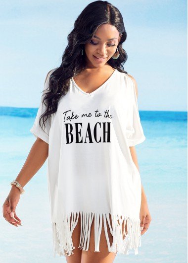 Letter Print Tassel Hem Cold Shoulder Cover Up