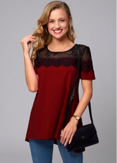 Lace Stitching Round Neck Short Sleeve T Shirt