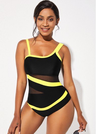 Wide Strap Mesh Stitching One Piece Swimwear