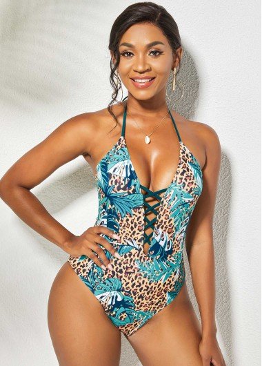 Leopard Lace Up Halter One Piece Swimwear