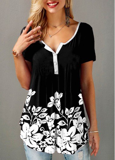 Floral Print Split Neck Short Sleeve T Shirt