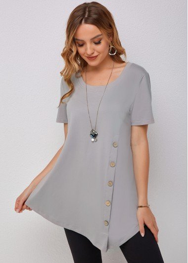 Grey Decorative Button Asymmetric Hem T Shirt