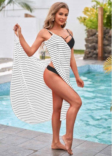 Spaghetti Strap Striped Crossover Hem Cover Up