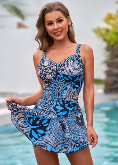 Printed Spaghetti Strap One Piece Swimdress