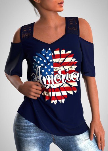 American Flag Print Lace Stitching Cold Shoulder T Shirt