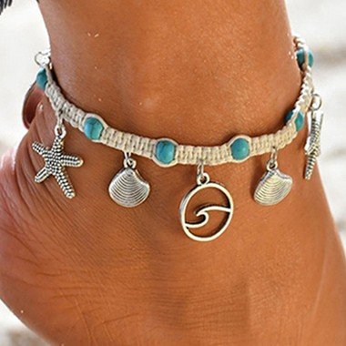 Turquoise Seashell Design Silver Metal Anklet