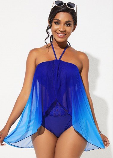 Halter Lace Stitching Ombre Flyaway One Piece Swimdress