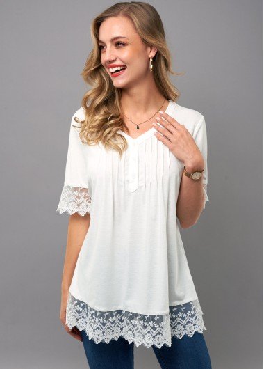 Crinkle Chest Lace Stitching V Neck T Shirt