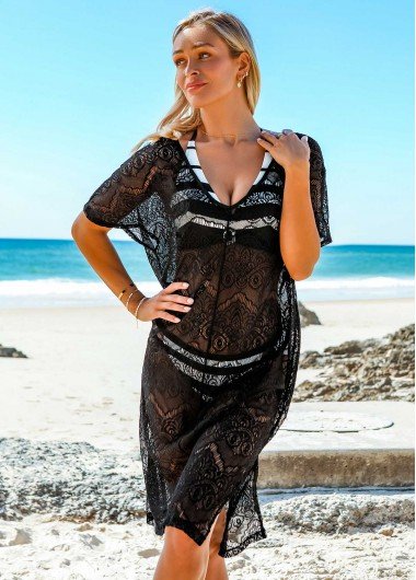 Side Slit Black V Neck Cover Up