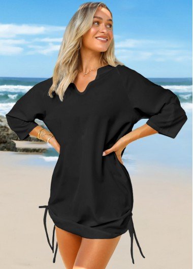 Split Neck Drawstring Side Solid Cover Up