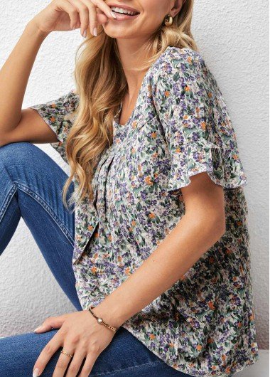 Floral Print V Neck Flare Sleeve T Shirt