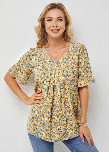 Ditsy Floral Print V Neck Half Sleeve T Shirt