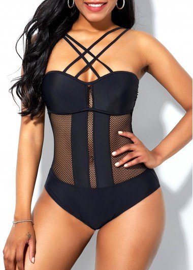 Mesh Stitching Cross Strap Tie Back One Piece Swimwear