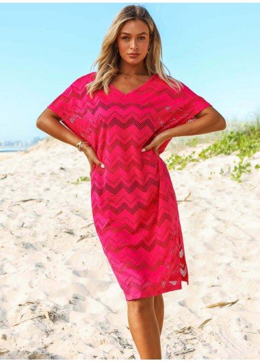 Lace Rose Red V Neck Short Sleeve Cover Up