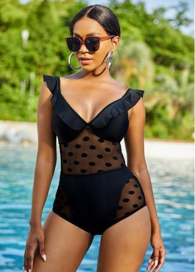 Mesh Stitching Polka Dot Stringy Selvedge One Piece Swimwear