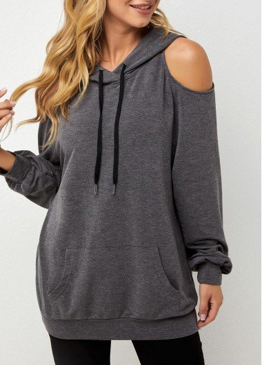 Cold Shoulder Long Sleeve Drawstring Detail Hoodie