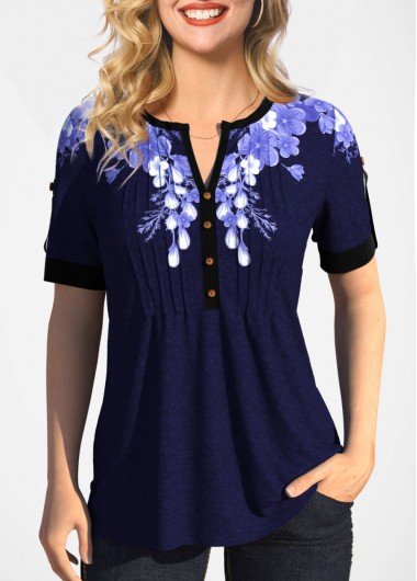 Split Neck Floral Print Pleated T Shirt