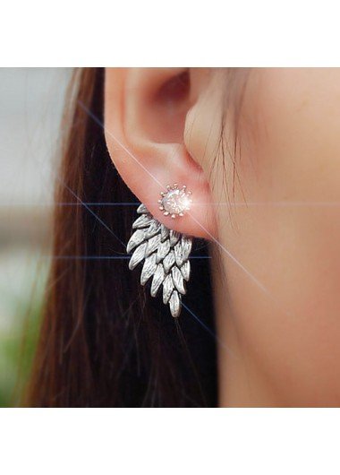 Rhinestone Detail Wings Design Silver Earrings