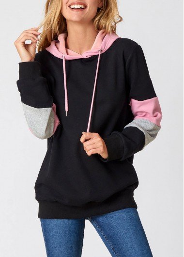 Contrast Long Sleeve Drawstring Detail Hoodie