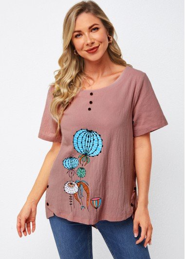 Printed Round Neck Short Sleeve T Shirt