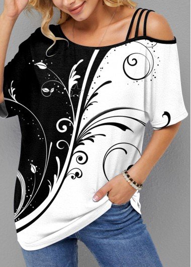 Cold Shoulder Contrast Printed T Shirt