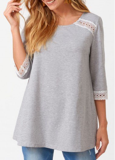 Lace Patchwork Three Quarters Sleeve Round Neck T Shirt