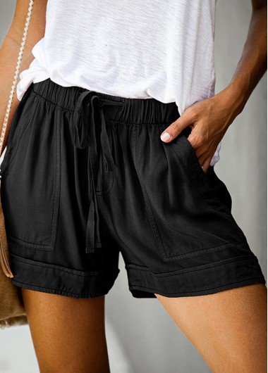 Solid Pocket Detail Elastic Waist Shorts