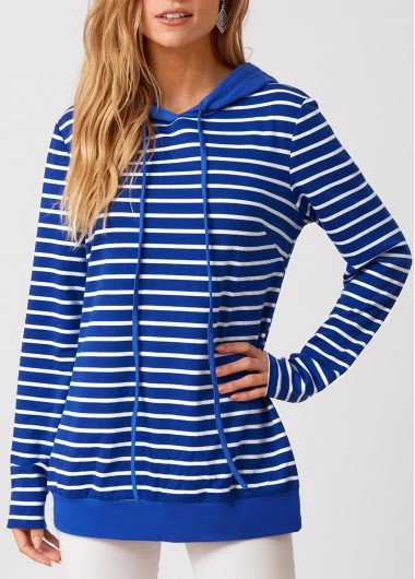 Long Sleeve Striped Drawstring Detail Hoodie