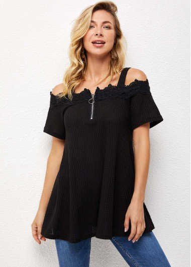 Strappy Cold Shoulder Quarter Zip Lace Stitching T Shirt