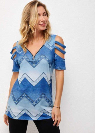 Chevron Print Ladder Cutout Short Sleeve T Shirt