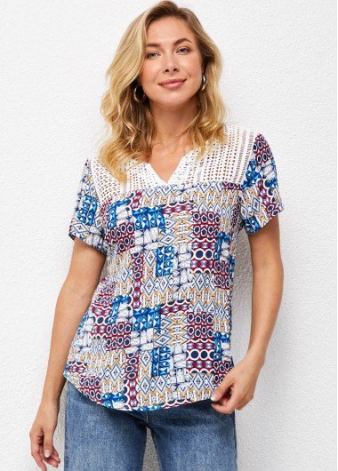 Lace Patchwork Short Sleeve Split Neck T Shirt