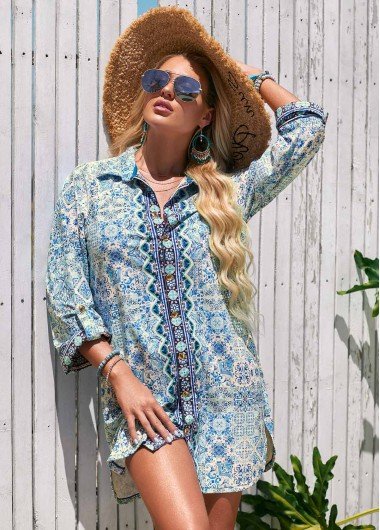 Printed Turndown Collar 3/4 Sleeve Cover Up