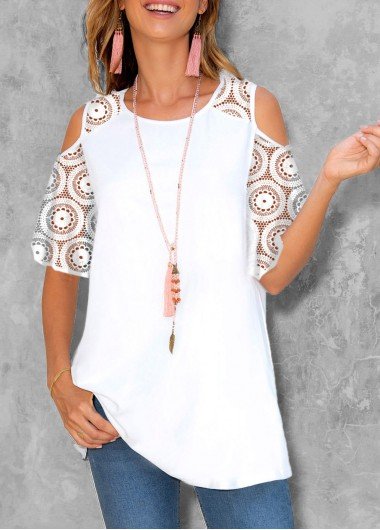 Lace Patchwork Round Neck Cold Shoulder T Shirt