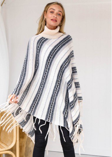 Tassel Stripe Print Long Sleeve Turtleneck Sweater