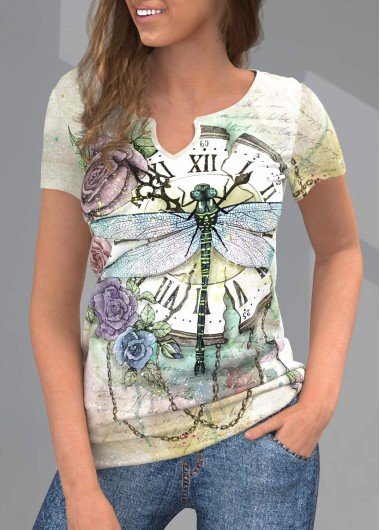 Short Sleeve Split Neck Printed T Shirt